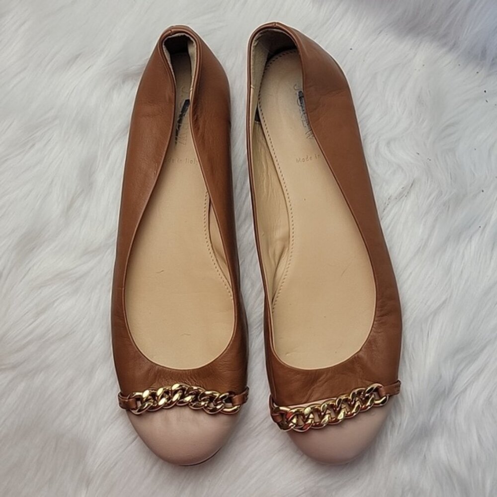 J.CREW Two Tone Leather Cap Toe Gold Chain Accent Preppy Old Money Ballet Flat 9 - Picture 5 of 14